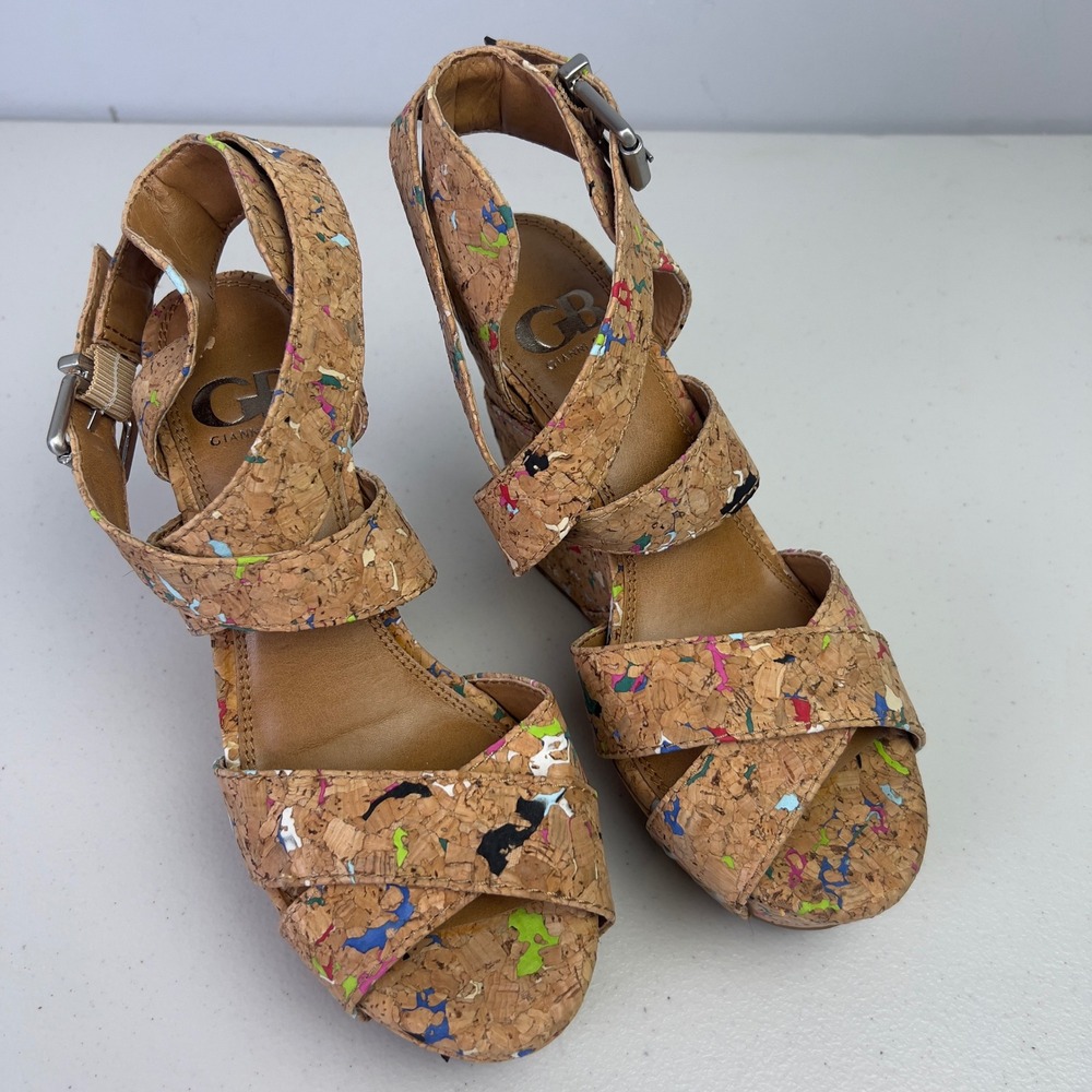 Gianni Bini Wedge Sandals Women 8M Tan Multi Cork Paint Splatter Strappy